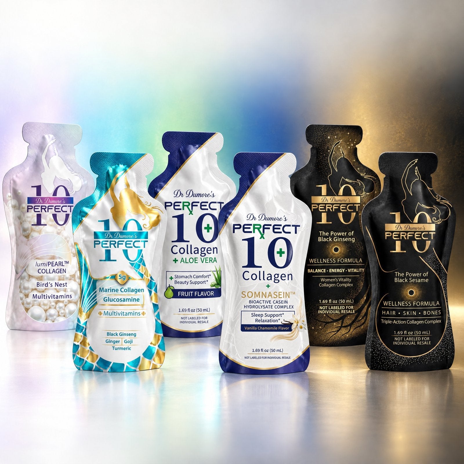 Dr. Dumore's Perfect 10 marine collagen drink product family — Marine Collagen, lumiPEARL and Wellness Formula pouches