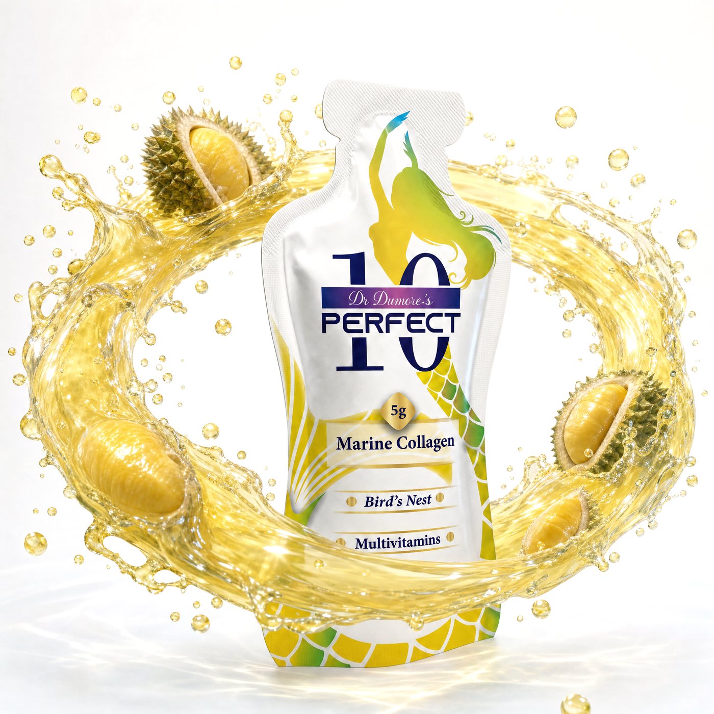 Perfect 10 Marine Collagen Durian pouch in a ring of Durian juice