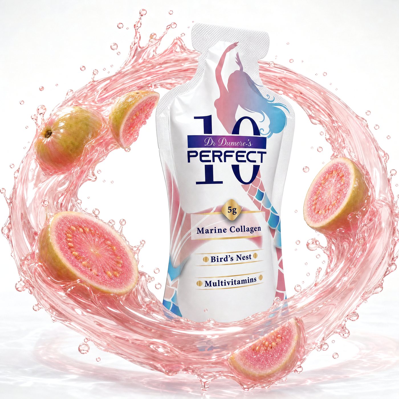 Perfect 10 Marine Collagen Hawaiian Pink Guava pouch in a ring of Hawaiian Pink Guava juice