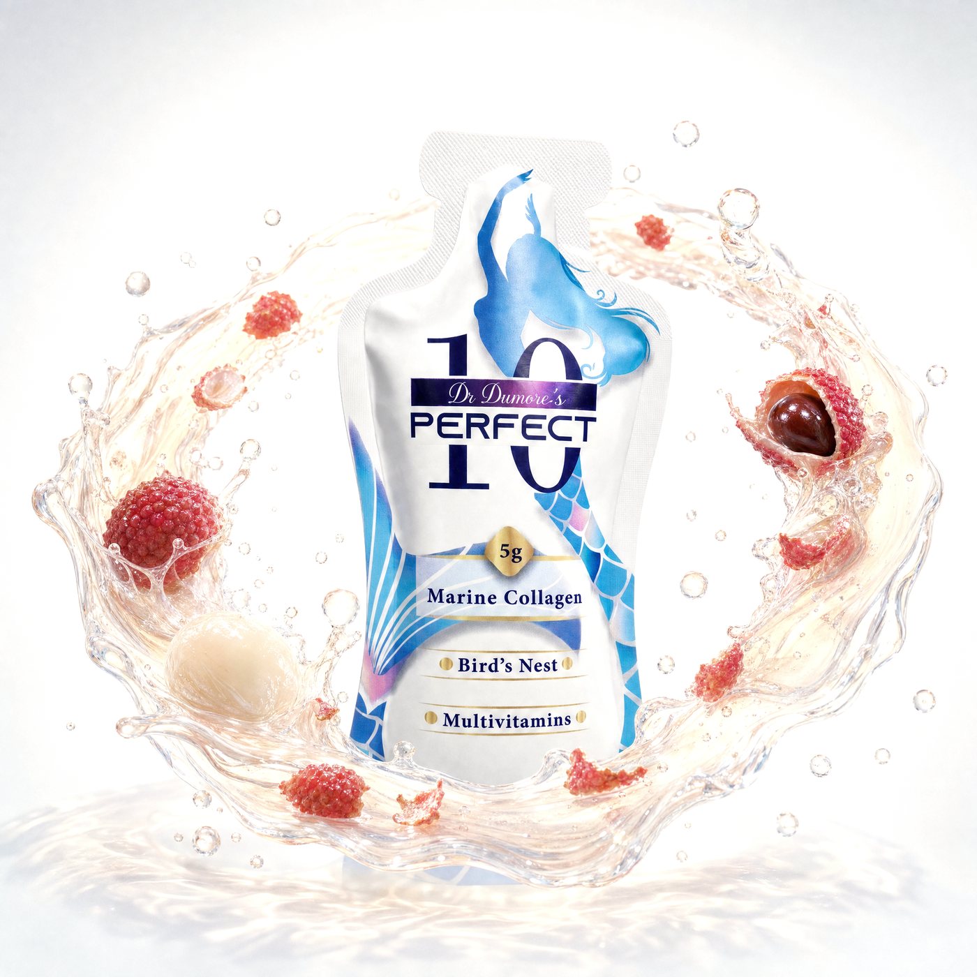 Perfect 10 Marine Collagen Alishan Lychee pouch in a ring of Alishan Lychee juice
