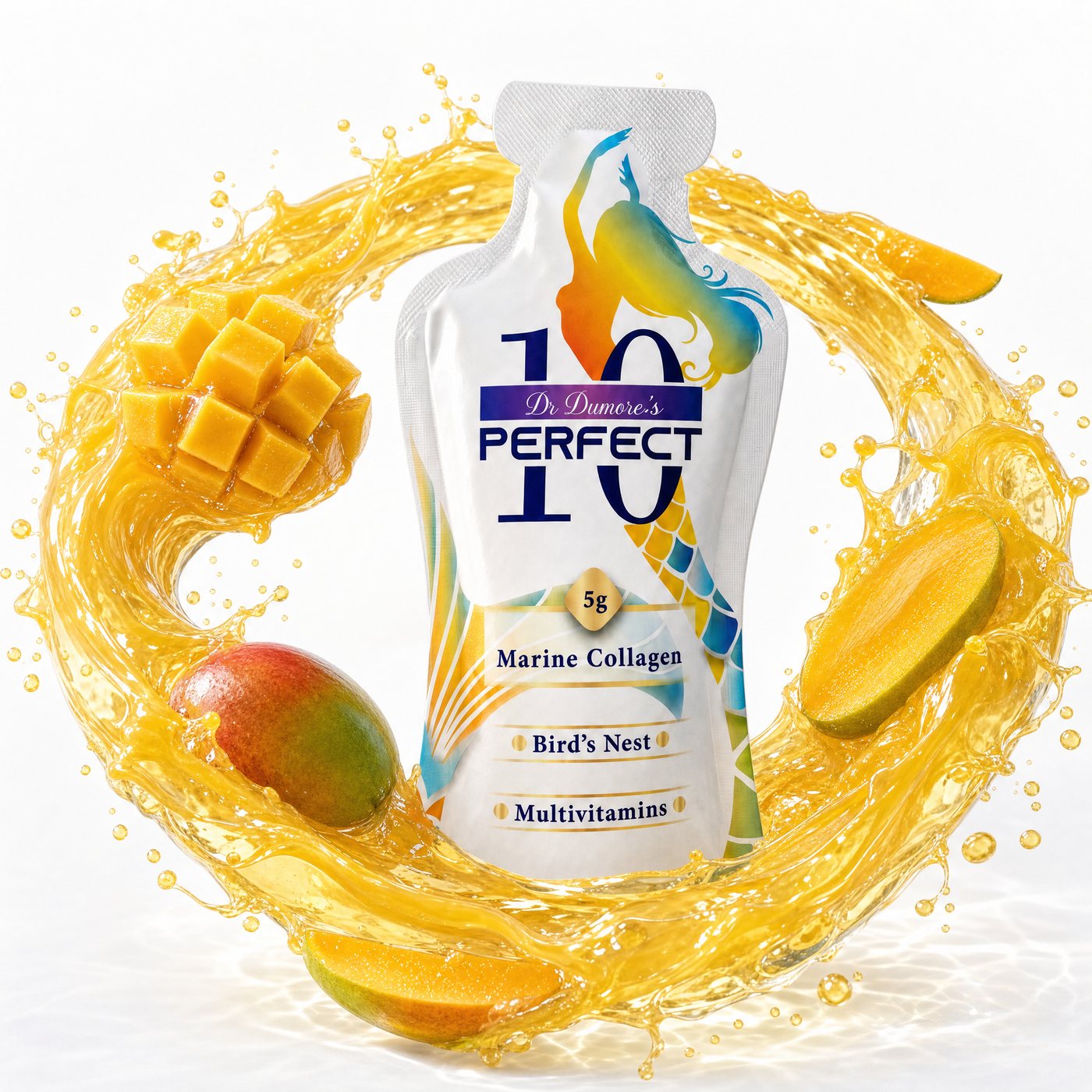 Perfect 10 Marine Collagen Mango pouch in a ring of Mango juice