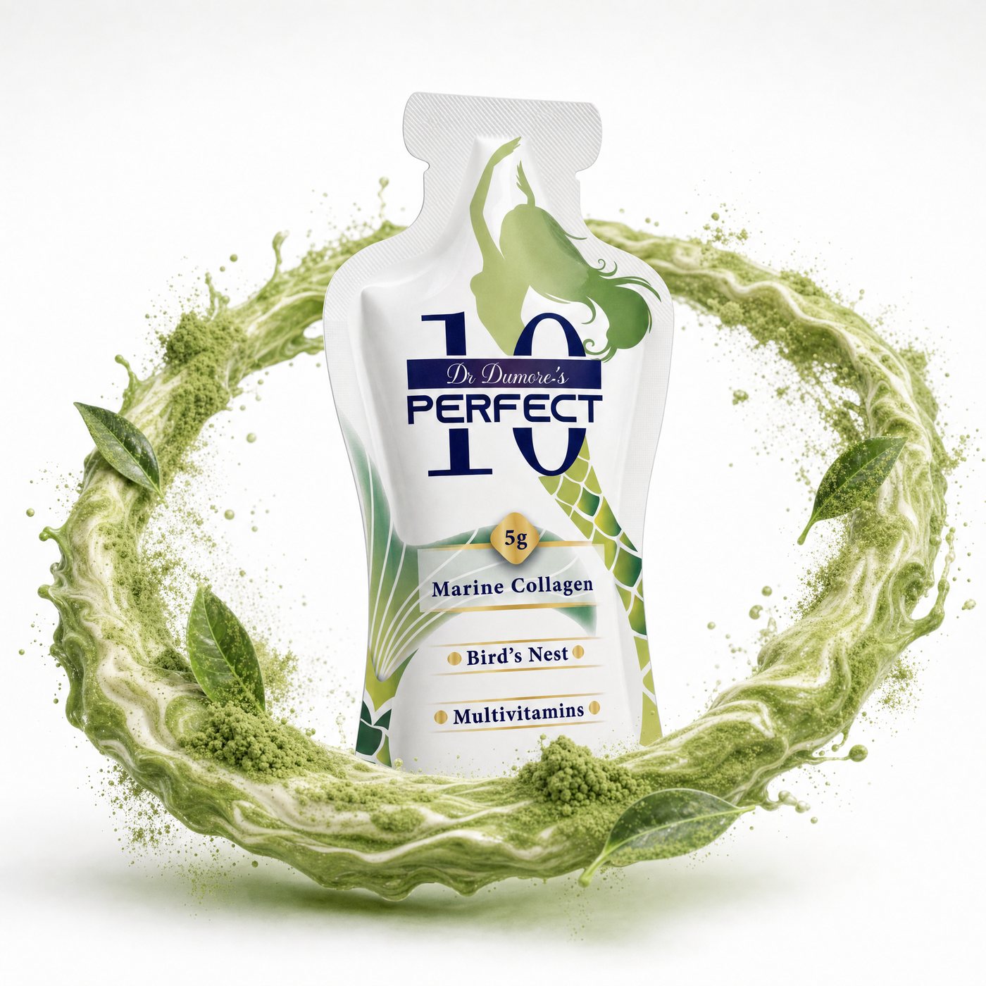 Perfect 10 Marine Collagen Matcha Latte pouch in a ring of Matcha Latte juice