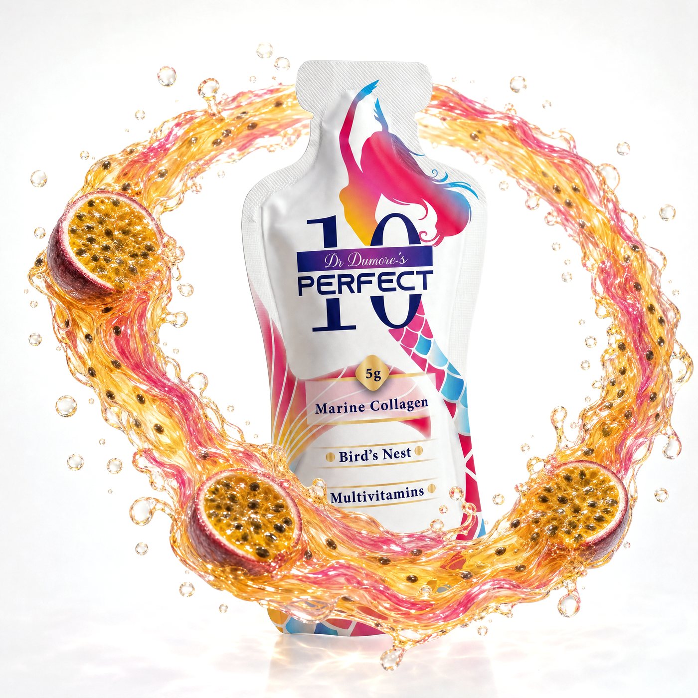 Perfect 10 Marine Collagen Passion Fruit pouch in a ring of Passion Fruit juice