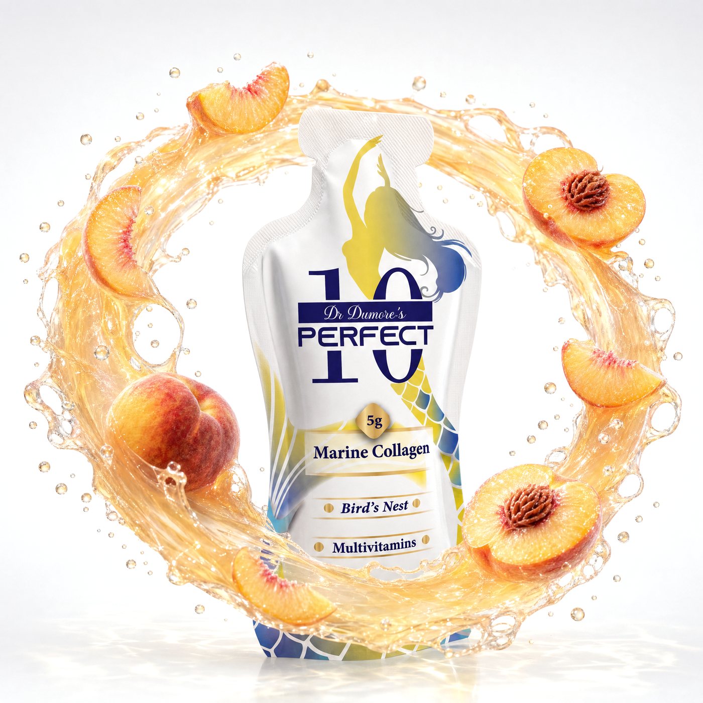 Perfect 10 Marine Collagen California Peach pouch in a ring of California Peach juice