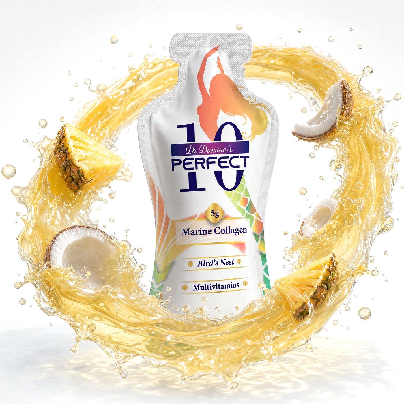 Perfect 10 Marine Collagen Pina Colada pouch in a ring of Pina Colada juice
